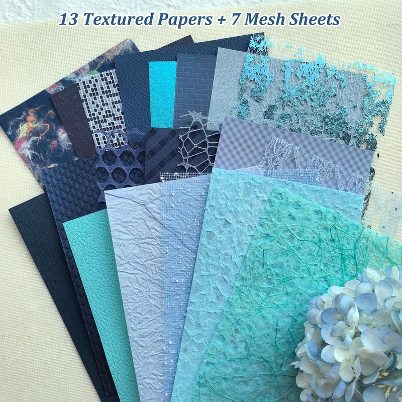 Flartmo 20 Unique A5 Textured Scrapbook Paper & Mesh Fabric Set, Handmade Craft Paper for Scrapbooking, Junk Journal Supplies, Card Making, Decoupage, Collage & Gift Embellishments (Blue) - Image 2